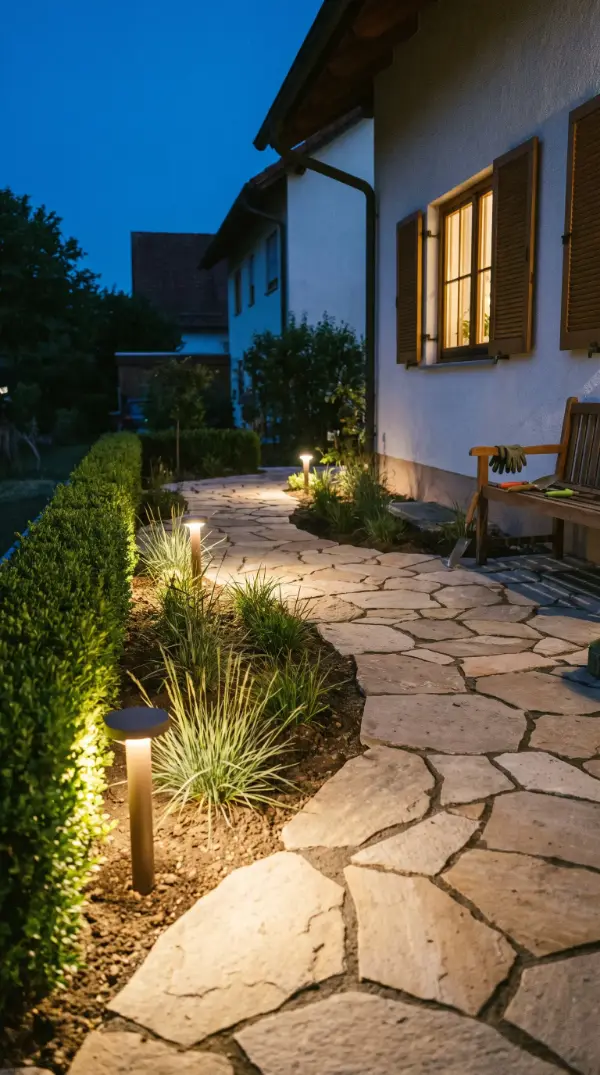 Neu angelegter Garten mit Natursteinterrasse in der Abenddämmerung