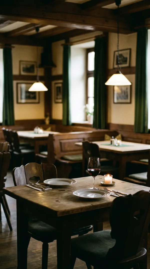 Gedeckter Tisch in einer Gaststube am Abend