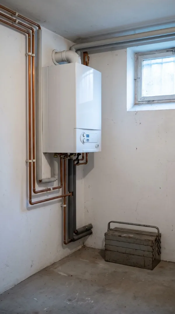 Frisch gewartete Gastherme in einem Heizungsraum