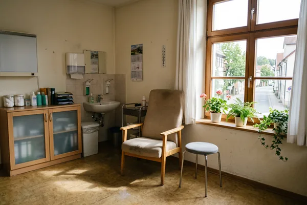 Leerer Behandlungsraum einer kleinen Praxis im Morgenlicht